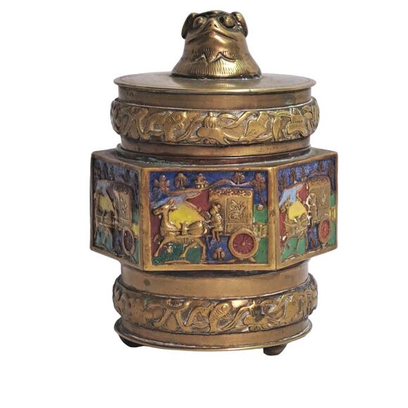 Vintage Antique Chinese Tea Caddy Box Pug Finial Hexagonal Brass and Enamel
